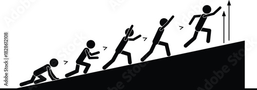 Evolution of man silhouette showing progress from crawling to running up a hill for business growth concept, success, and career development vector illustration design