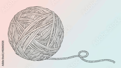 Illustration of a wool ball with a loose end on a gradient background in soft pastel colors