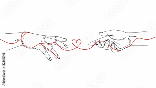Two hands connected by a red string of fate forming a heart in a continuous line drawing style