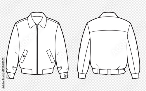 Detailed technical sketch of a classic bomber jacket showcasing front and back views for fashion design and apparel creation projects in black and white