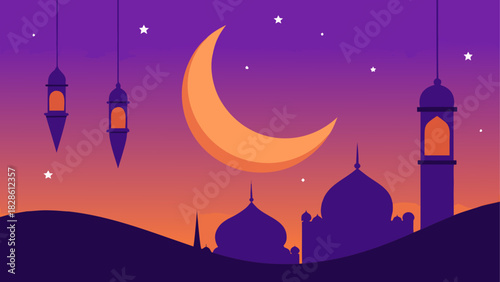 Ramadan kareem night with moon and mosque view