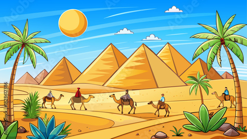 Caravan of camels crossing the sahara pyramids