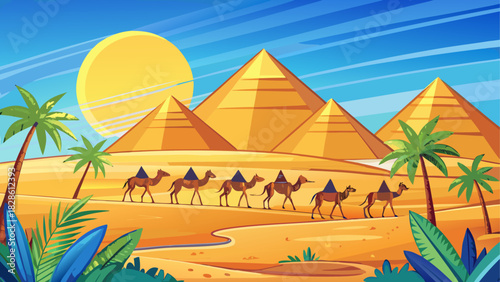 Caravan of camels passing pyramids in desert land