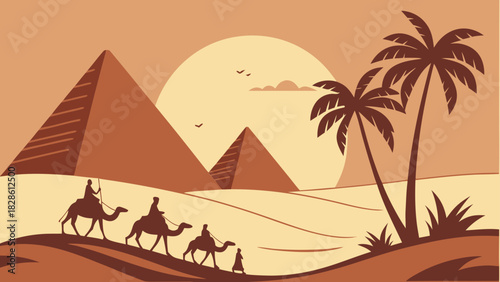 Caravan traversing desert with pyramids view sun