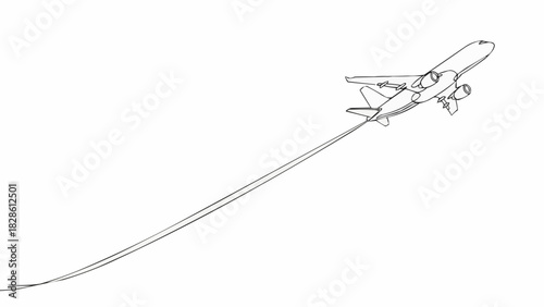 Aviation illustration depicting an airplane taking off with a contrail on a white background view