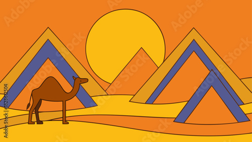 Camel standing in desert with pyramids and sun