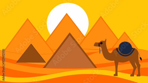 Camel standing before pyramids in the desert