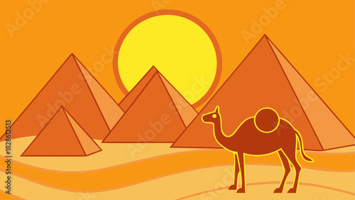 Camel standing near pyramids in the desert area