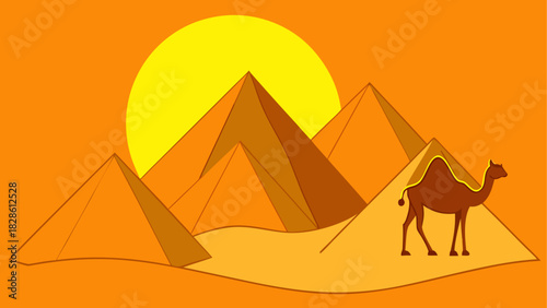 Camel standing near pyramids during sunset time