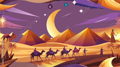 Illustration of desert landscape with pyramids