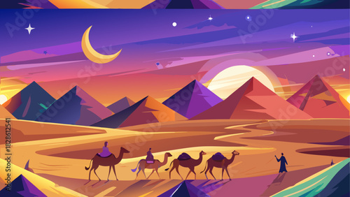 Caravan traveling through the desert at sunset