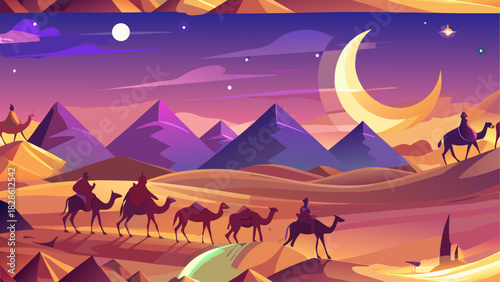 Caravan traversing desert under moonlit sky