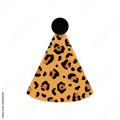 Modern Vector Party Hat with Leopard Animal Print and Black Pom-pom