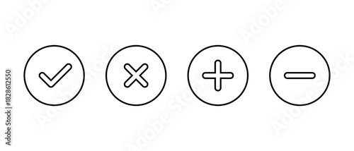Check mark, cross, add, and remove outline icon. Checkmark, X, plus, and minus symbol in circular line