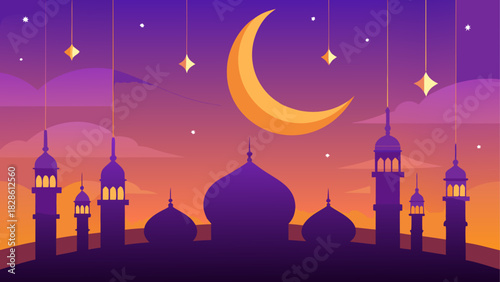Silhouette of mosque with moon and stars at night