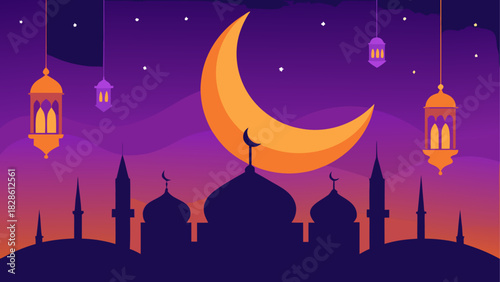 Illustration of mosque with moon and lanterns night