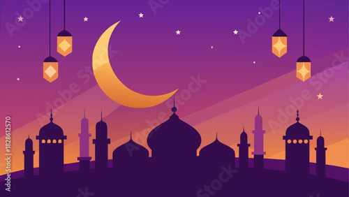 Silhouette of mosque with moon and hanging lanterns