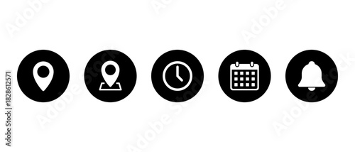 Location, map pin, time, calendar, and bell icon in black circle. GPS pointer, place marker, clock, date, and notification symbol