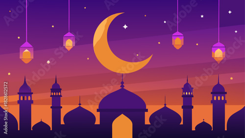 Illustration of mosque with moon and lanterns