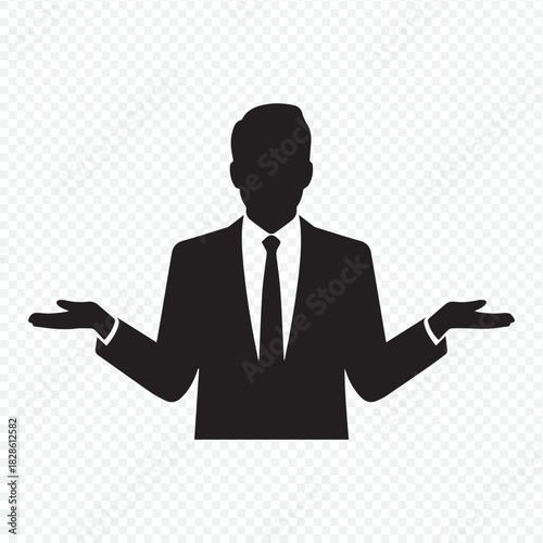 Elegant businessman shrugging in sophisticated suit, presenting options and conveying uncertainty, perfect for business decisions, leadership, and consulting concepts