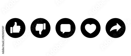 Like, dislike, comment, love, and share icon in black circle. Thumbs up, down, chat bubble, heart and send arrow symbol