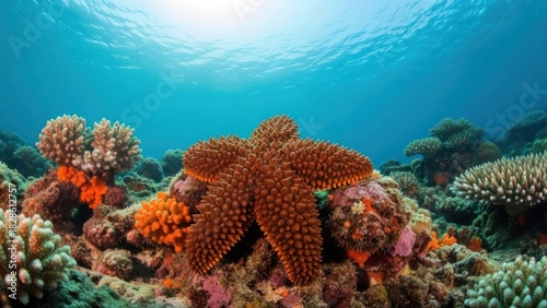 Fototapeta Naklejka Na Ścianę i Meble -  A vibrant underwater scene with a starfish and colorful coral reefs.