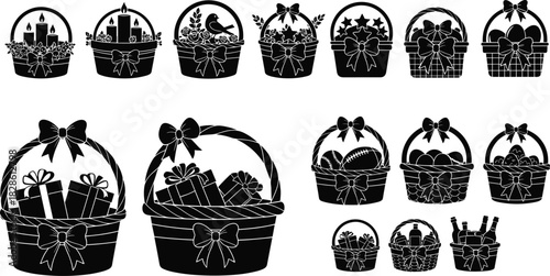 Gift basket silhouette collection featuring easter eggs, christmas presents, flowers, wine bottles, candles, holiday wicker hamper vector illustration set, black and white decorative design