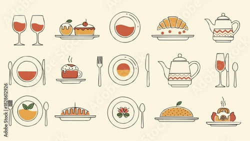 Illustration of various food items and tableware including plates, teapots, desserts and wine glasses