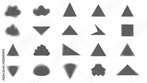 Illustration of various gray shapes including triangles clouds and other geometric forms artfully arranged