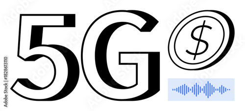 Bold 5G text with dollar sign and soundwave representing financial impact, connectivity, and innovation. Ideal for technology, communication, finance, internet, business growth, mobile networks
