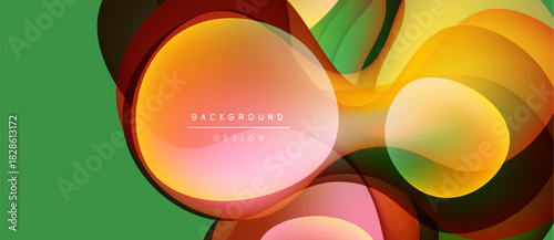 Abstract colorful shapes overlap green backdrop. Modern design features dynamic curves, gradients, text elements. Visually appealing composition.