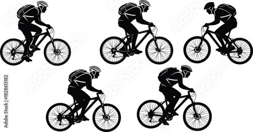 Cyclist silhouette set, mountain bike rider vector, man on bicycle with backpack, active sport illustration, black isolated figures, outdoor recreation collection, cycling fitness graphic design