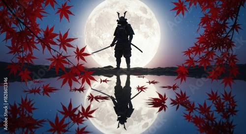 Samurai Silhouette with Katana Under Full Moon and Maple Leaves