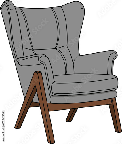 Modern gray wingback armchair, stylish furniture design, cushioned seat and backrest, vertical stitched detail, wooden legs, elegant home decor vector