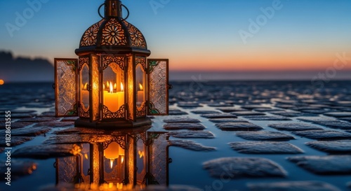 Ornate Lantern with Candles Reflecting on Pavement at Sunset