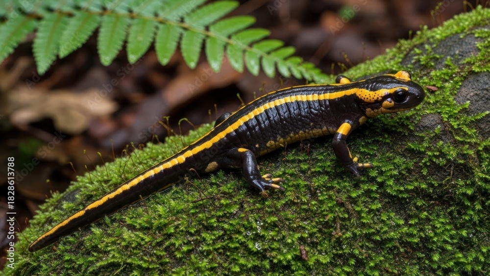 Fototapeta premium A black and yellow salamander on a mossy rock with green ferns in the background.