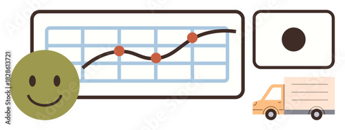 happy face, delivery truck, performance graph, and progress indicator. Ideal for logistics, customer feedback, analytics, growth, delivery systems business success simple flat metaphor