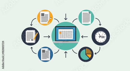 Illustration depicting document workflow with a laptop at the center, surrounded by files, a clock, and a pie chart.