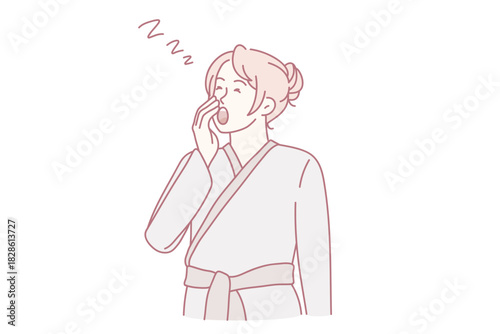 Tired young woman in bathrobe yawn suffer from insomnia have sleep deprivation. Exhausted girl struggle with fatigue, need relaxation or nap. Healthcare, relax and rest concept. Vector illustration.