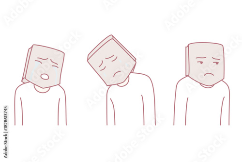 Person head in paper bag suffer from psychological mental problems. Man hide emotions struggling from depression or low self-esteem. Emotional instability. Vector illustration.