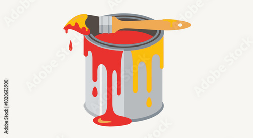 A paint can with red and yellow paint dripping down the sides, with a paintbrush resting on top.