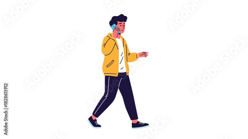 Man in yellow jacket walking and talking on cell phone illustration