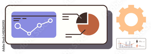 Line graph and pie chart on display screen alongside gear, symbolizing data analysis, insights, and process improvement. Ideal for statistics, business growth, productivity, technology, strategy