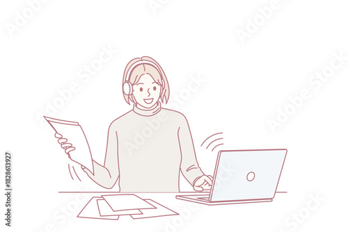 Smiling girl in earphones study online on computer with school paperwork material. Happy woman take web course on laptop, have webcam video class on gadget. Distant education. Vector illustration.