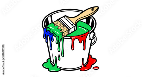 A bucket filled with green paint and a brush, with red and blue paint dripping down the sides.