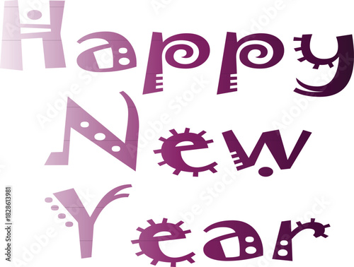 Whimsical happy new year greeting card with purple gradient