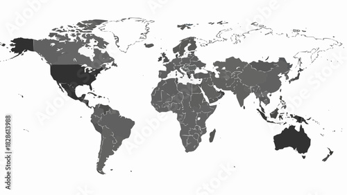 World map illustration showing continents and countries in grayscale on a white background view