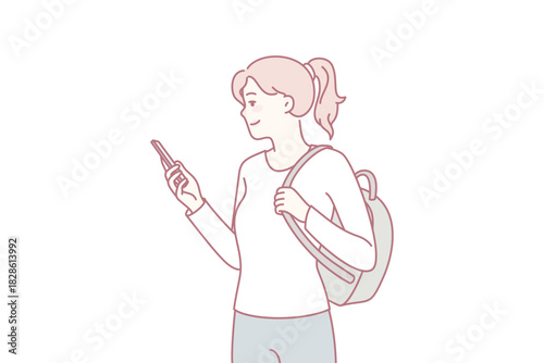 Smiling girl student with backpack using modern smartphone communicating online. Happy woman with cellphone browsing social networks on gadget. Flat vector illustration.