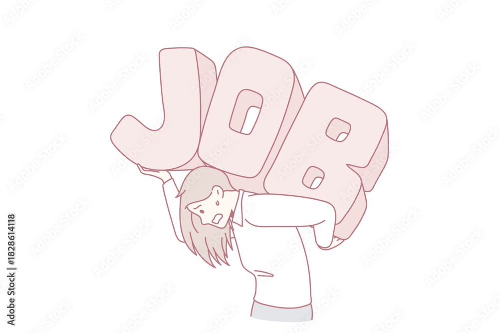 Obraz premium Exhausted businesswoman carry on back word letter Job struggle with overload in office. Tired unwell woman employee suffer overwhelmed with workload. Overwork concept. Vector illustration.