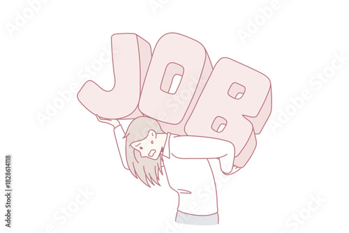 Exhausted businesswoman carry on back word letter Job struggle with overload in office. Tired unwell woman employee suffer overwhelmed with workload. Overwork concept. Vector illustration.